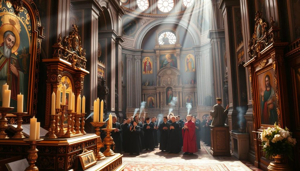 A vibrant, ornate scene depicting the Orthodox Christian feast of "Именины" (name day) for the saints Gavriil, Grigoriy, Timofey, and Tikhon. In the foreground, an elaborately decorated altar with gilded icons, candles, and incense. Sunlit rays stream through stained glass windows, casting a warm, reverent glow. In the middle ground, robed priests and worshippers gathered in reverent prayer, their faces reflecting deep contemplation. The background features a grand, Byzantine-style cathedral with onion domes and intricate frescoes on the walls. An atmosphere of solemn spirituality and timeless tradition permeates the scene.