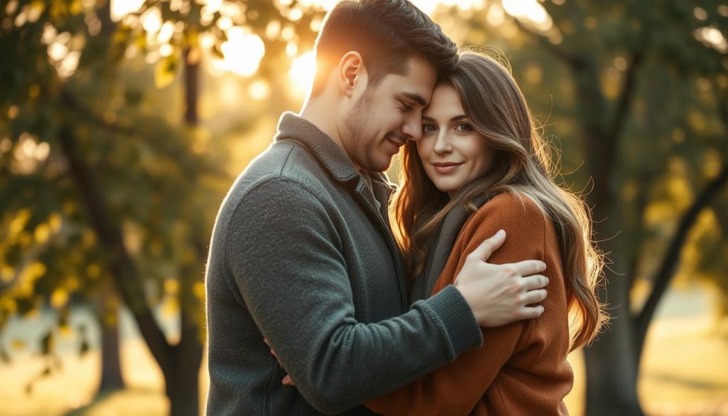 A warm and intimate portrait of two people embracing on a cozy September day. The soft, golden light filters through the trees, casting a romantic glow on their intertwined figures. Their expressions convey a deep, soulful connection, their eyes locked in a tender, affectionate gaze. The composition is carefully balanced, placing the couple in the center and subtly framing them with the lush, autumnal foliage in the background. The overall mood is one of profound love, tenderness, and the bittersweet beauty of the changing seasons.