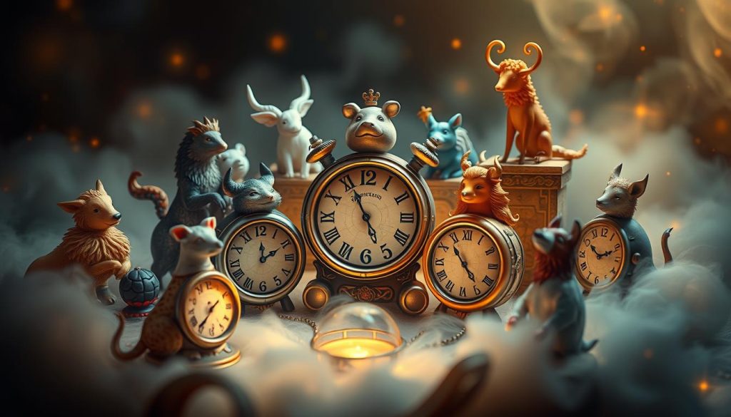 A whimsical and mystical scene depicting the zodiac animal clocks, each representing one of the 12 astrological signs. The clocks are meticulously crafted, with intricate details and a sense of timelessness. The animals are rendered in a vibrant, fantastical style, their expressions and poses conveying the unique personalities of the signs. The composition features a harmonious balance, with the clocks arranged in a circular pattern, surrounded by a dreamlike, ethereal background. Soft, warm lighting bathes the scene, creating a sense of tranquility and wonder. The overall atmosphere evokes a profound connection between the passage of time and the timeless wisdom of the zodiac. A whimsical and mystical scene depicting the zodiac animal clocks, each representing one of the 12 astrological signs. The clocks are meticulously crafted, with intricate details and a sense of timelessness. The animals are rendered in a vibrant, fantastical style, their expressions and poses conveying the unique personalities of the signs. The composition features a harmonious balance, with the clocks arranged in a circular pattern, surrounded by a dreamlike, ethereal background. Soft, warm lighting bathes the scene, creating a sense of tranquility and wonder. The overall atmosphere evokes a profound connection between the passage of time and the timeless wisdom of the zodiac.