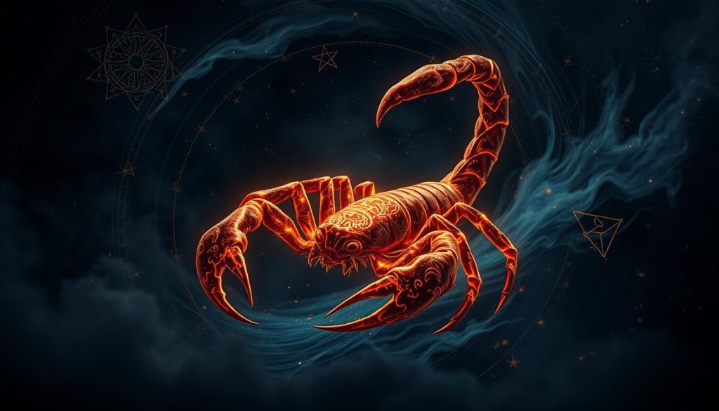 An astrological illustration of the Scorpio zodiac sign, captured in a mystical, midnight-hued atmosphere. A glowing, ethereal scorpion creature emerges from a swirling vortex of cosmic energy, its stinger poised and eyes ablaze with intensity. Intricate, celestial patterns and glyphs adorn the background, casting an otherworldly glow upon the scene. Dramatic lighting highlights the scorpion's powerful silhouette, evoking a sense of both danger and allure. The composition is balanced, with the scorpion as the central focus, surrounded by a captivating, occult-inspired ambiance. This image aims to encapsulate the enigmatic, transformative essence of the Scorpio sign.