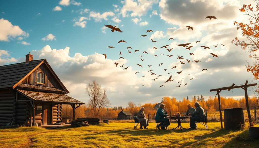 An autumn landscape with a traditional Russian rural setting, featuring a wooden cottage, a small vegetable garden, and a well. In the foreground, a group of elderly villagers gather around a table, sharing stories and discussing folk traditions. The scene is bathed in warm, golden light, conveying a sense of nostalgia and timelessness. In the background, a flock of birds takes flight against a vibrant, cloudy sky. The composition emphasizes the connection between the people, the land, and the changing seasons, capturing the essence of "народные приметы" or traditional Russian folk beliefs and customs. An autumn landscape with a traditional Russian rural setting, featuring a wooden cottage, a small vegetable garden, and a well. In the foreground, a group of elderly villagers gather around a table, sharing stories and discussing folk traditions. The scene is bathed in warm, golden light, conveying a sense of nostalgia and timelessness. In the background, a flock of birds takes flight against a vibrant, cloudy sky. The composition emphasizes the connection between the people, the land, and the changing seasons, capturing the essence of "народные приметы" or traditional Russian folk beliefs and customs.