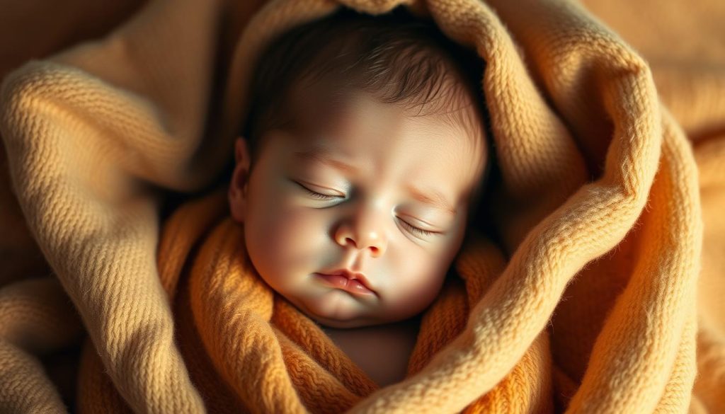An elegant portrait of a newborn child, softly lit from the side to highlight the delicate features. The baby's eyes are closed, their face serene and peaceful, swaddled in a cozy, plush blanket. Warm tones of cream and ochre create a soothing, nurturing atmosphere. The composition is centered, drawing the viewer's gaze towards the infant's face, conveying a sense of tranquility and new life. Subtle textures in the fabric add depth and dimension, while a diffused, natural light source casts gentle shadows, imbuing the scene with a sense of intimacy and wonder. An elegant portrait of a newborn child, softly lit from the side to highlight the delicate features. The baby's eyes are closed, their face serene and peaceful, swaddled in a cozy, plush blanket. Warm tones of cream and ochre create a soothing, nurturing atmosphere. The composition is centered, drawing the viewer's gaze towards the infant's face, conveying a sense of tranquility and new life. Subtle textures in the fabric add depth and dimension, while a diffused, natural light source casts gentle shadows, imbuing the scene with a sense of intimacy and wonder.