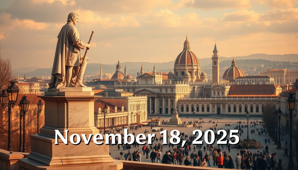 An elegantly composed scene depicting historical events and notable births on November 18, 2025. In the foreground, a grand marble statue of a prominent figure stands majestically, illuminated by warm, soft lighting. The midground features a bustling town square, with citizens going about their daily lives, captured in an impressionistic style. In the background, a stunning panorama of towering cathedrals and stately palaces, their facades bathed in a golden glow, evokes the grandeur of a bygone era. The overall mood is one of reverence and contemplation, inviting the viewer to reflect on the significance of this day in history.