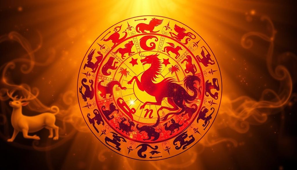 An intricate fusion of the Western and Chinese zodiacs, creating a dynamic celestial symphony. In the foreground, the twelve astrological signs of the Western zodiac intertwine gracefully, their iconic symbols rendered in a rich, jewel-toned palette. Backlit by a glowing, ethereal energy, the signs appear to drift and sway, as if guided by the celestial forces they represent. In the middle ground, the twelve animals of the Chinese zodiac circle the composition, their distinct silhouettes merging seamlessly with the Western signs. The background is a tapestry of swirling, nebulous patterns, evoking the mysterious and timeless nature of these ancient belief systems. Bathed in a warm, golden light, the entire scene exudes a sense of harmony and balance, inviting the viewer to explore the intriguing interplay between these two profound astrological traditions.