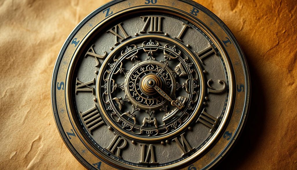 An intricately detailed astrological clock, capturing the essence of the "Earthly Branches" that govern each day. The clock face is divided into 12 sections, each representing a zodiac sign. Delicate, ornate hands sweep across the dial, denoting the precise hour of birth for each sign. The background is a rich, textured parchment, evocative of ancient astrological texts. Soft, warm lighting illuminates the intricate metalwork and symbolism, creating an atmosphere of mysticism and timelessness. The composition is balanced and symmetrical, drawing the viewer's eye to the intricate celestial details that shape one's character and destiny. An intricately detailed astrological clock, capturing the essence of the "Earthly Branches" that govern each day. The clock face is divided into 12 sections, each representing a zodiac sign. Delicate, ornate hands sweep across the dial, denoting the precise hour of birth for each sign. The background is a rich, textured parchment, evocative of ancient astrological texts. Soft, warm lighting illuminates the intricate metalwork and symbolism, creating an atmosphere of mysticism and timelessness. The composition is balanced and symmetrical, drawing the viewer's eye to the intricate celestial details that shape one's character and destiny.