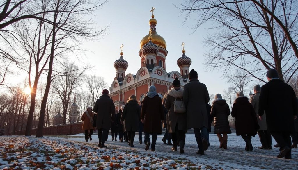 Autumn Orthodox feast days in Russia, early morning light glowing over a traditional church with onion domes, surrounded by bare trees and a dusting of fresh snow. In the foreground, a group of worshippers dressed in warm coats and scarves approach the church entrance, their faces serene and reverent. The scene conveys a sense of timeless spiritual tradition and the changing of the seasons, capturing the essence of the "праздники ноября" (November holidays) in a visually striking and atmospheric way. Autumn Orthodox feast days in Russia, early morning light glowing over a traditional church with onion domes, surrounded by bare trees and a dusting of fresh snow. In the foreground, a group of worshippers dressed in warm coats and scarves approach the church entrance, their faces serene and reverent. The scene conveys a sense of timeless spiritual tradition and the changing of the seasons, capturing the essence of the "праздники ноября" (November holidays) in a visually striking and atmospheric way.