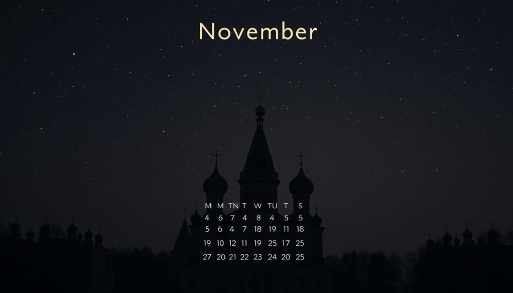 Crisp lunar calendar for November, rendered in muted tones. Intricate details of crescent moon phases against a starry night sky, with a subtle silhouette of a Russian Orthodox church in the background. Soft lighting illuminates the celestial elements, creating a serene, atmospheric composition. The calendar's layout is minimal yet elegant, showcasing the phases of the lunar cycle in a clean, organized manner. This image captures the essence of a traditional Russian lunar calendar, evoking a sense of timeless tradition and the wonders of the night sky.