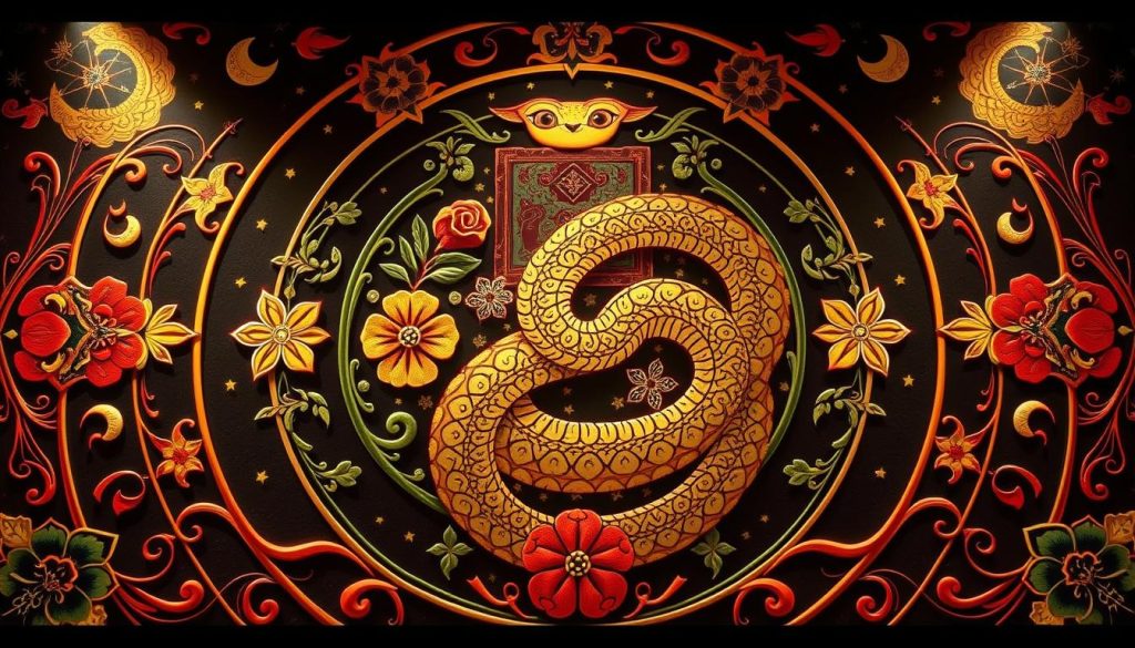 Detailed and ornate illustration of zodiac signs and symbols representing the Year of the Snake, rendered in a traditional Russian folk art style. Prominent centerpiece features the snake sign with intricate floral patterns, surrounded by other zodiac elements like stars, moons, and embellished borders. The composition has a vibrant, colorful, and mystical atmosphere, conveying the astrological significance of the subject. Lighting is dramatic, with soft, diffuse illumination highlighting the detailed textures and patterns. Camera angle is slightly elevated to showcase the full arrangement in an elegant, visually-striking manner. Detailed and ornate illustration of zodiac signs and symbols representing the Year of the Snake, rendered in a traditional Russian folk art style. Prominent centerpiece features the snake sign with intricate floral patterns, surrounded by other zodiac elements like stars, moons, and embellished borders. The composition has a vibrant, colorful, and mystical atmosphere, conveying the astrological significance of the subject. Lighting is dramatic, with soft, diffuse illumination highlighting the detailed textures and patterns. Camera angle is slightly elevated to showcase the full arrangement in an elegant, visually-striking manner.