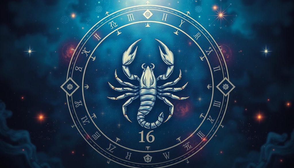 Detailed digital illustration of the Zodiac sign for November 16th, with a vivid and atmospheric rendering. The central focus is a stylized, hand-drawn representation of the Scorpio zodiac symbol, surrounded by astrological elements like planetary symbols, glowing constellations, and ethereal celestial motifs. The image has a mystical, mystical tone with moody, deep blue and purple hues, dramatic lighting and shadows, creating a sense of ancient esoteric wisdom. The composition is balanced and harmonious, drawing the viewer's eye to the key zodiac symbol.