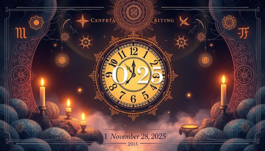 Detailed illustration of practical information for November 28, 2025, showcasing numerological significance, date formatting, and symbolic elements. A serene, mystical composition with a central clock face framed by ethereal patterns, glowing runes, and astrological symbols. Soft lighting bathes the scene in a warm, contemplative ambiance, creating an atmospheric depiction of the day's unique attributes. Balanced composition with strong focal points and harmonious color palette evoking the elegance and wisdom associated with this particular date.