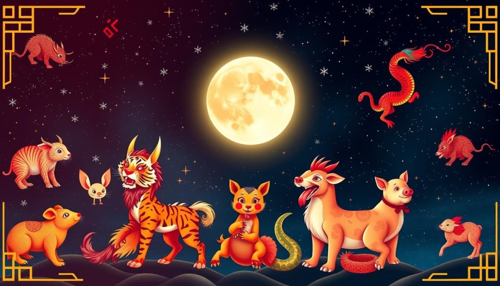 Detailed illustration of the Chinese zodiac, depicting the twelve animal signs in a harmonious celestial composition. The signs, including the rat, ox, tiger, rabbit, dragon, snake, horse, goat, monkey, rooster, dog, and pig, are elegantly rendered in a traditional East Asian style, with vibrant colors and intricate patterns. The background features a starry night sky, with a full moon shining brightly, creating a mystical and auspicious atmosphere. The scene is illuminated by warm, soft lighting, highlighting the intricate details and symbolism of the zodiac elements. The composition is well-balanced, with the zodiac animals arranged in a circular formation, conveying the cyclical nature of the Chinese calendar. Detailed illustration of the Chinese zodiac, depicting the twelve animal signs in a harmonious celestial composition. The signs, including the rat, ox, tiger, rabbit, dragon, snake, horse, goat, monkey, rooster, dog, and pig, are elegantly rendered in a traditional East Asian style, with vibrant colors and intricate patterns. The background features a starry night sky, with a full moon shining brightly, creating a mystical and auspicious atmosphere. The scene is illuminated by warm, soft lighting, highlighting the intricate details and symbolism of the zodiac elements. The composition is well-balanced, with the zodiac animals arranged in a circular formation, conveying the cyclical nature of the Chinese calendar.