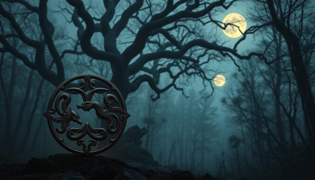 Detailed illustration of the Slavic symbol Pios (Dog) against a backdrop of a mystical forest. Positioned in the foreground is the intricate symbol, crafted with precision and imbued with a sense of ancient power. The middle ground features a gnarled, twisted tree canopy, casting a soft, diffused lighting that envelops the scene. In the background, a hazy, moonlit sky sets the atmospheric tone, suggesting a timeless, ritualistic ambiance. The overall composition conveys a sense of reverence and connection to the Slavic pagan traditions associated with this symbolic representation.
