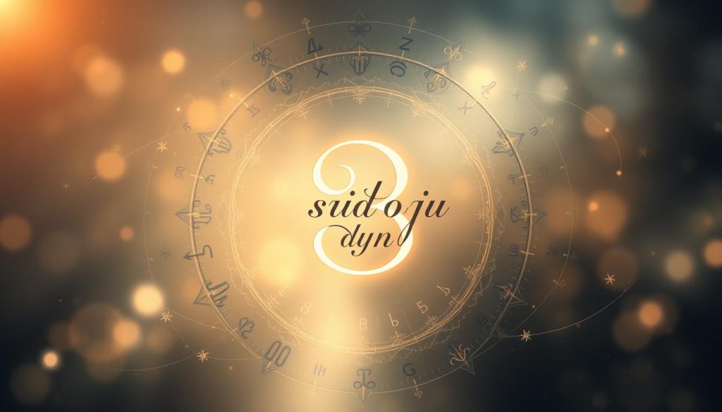 Elegant and ethereal numerology-themed composition, featuring a central focus on the "число дня" (number of the day) against a captivating background. The number is rendered in a modern, minimalist style with refined calligraphic elements, subtly illuminated to convey a sense of significance and mysticism. Surrounding the number, a swirling pattern of delicate numerological symbols, astrological glyphs, and abstract geometric shapes creates a mesmerizing, visually harmonious design. The overall atmosphere is one of tranquility, introspection, and the esoteric power of numerology to guide and enlighten. Soft, diffused lighting from an unseen source casts a warm, ethereal glow across the composition, adding depth and dimension. The image should inspire a sense of contemplation and wonder about the deeper significance of the "число дня" and its influence on daily life.