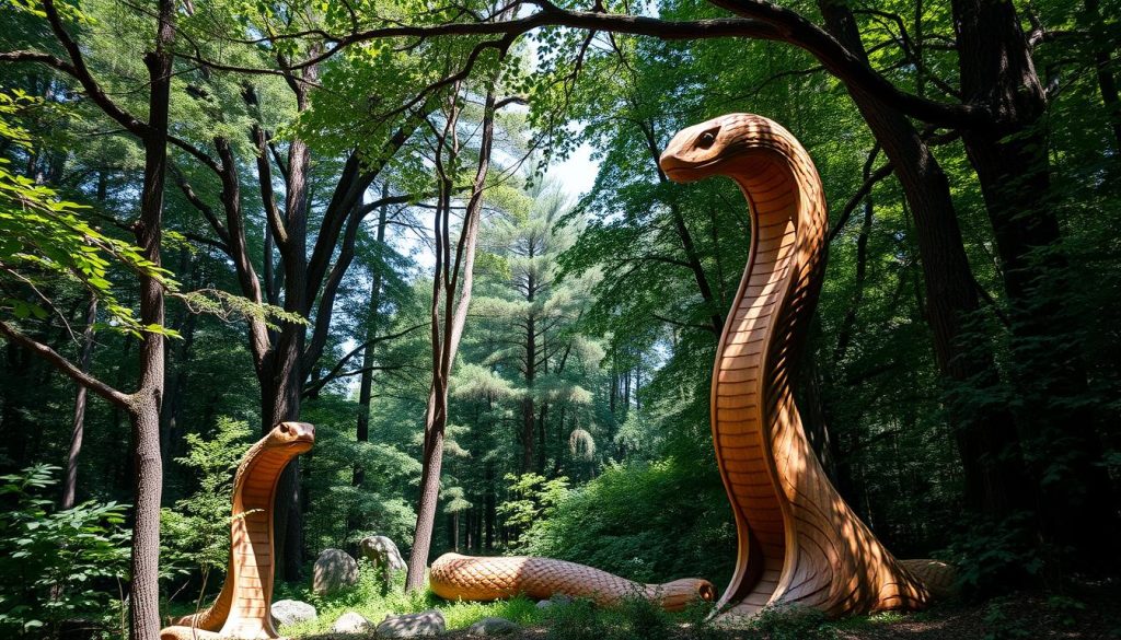 Towering wooden snake, its sinuous form undulating gracefully amidst a serene forest glade. Warm, earthy tones of the sculptural reptile juxtaposed against the cool, verdant hues of the surrounding vegetation. Dappled sunlight filters through the canopy, casting intricate shadows that dance across the intricate grain and textures of the carving. A sense of harmony and balance pervades the scene, reflecting the tranquil energy of the Year of the Wooden Snake. Capture the essence of this mythical beast, its power and grace immortalized in natural materials. Towering wooden snake, its sinuous form undulating gracefully amidst a serene forest glade. Warm, earthy tones of the sculptural reptile juxtaposed against the cool, verdant hues of the surrounding vegetation. Dappled sunlight filters through the canopy, casting intricate shadows that dance across the intricate grain and textures of the carving. A sense of harmony and balance pervades the scene, reflecting the tranquil energy of the Year of the Wooden Snake. Capture the essence of this mythical beast, its power and grace immortalized in natural materials.