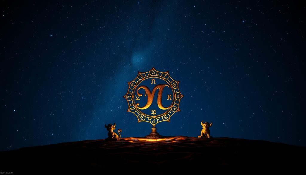 Zodiac signs in the night sky, glimmering against a deep indigo backdrop. The Milky Way stretches across the celestial canvas, casting a soft, ethereal glow. In the foreground, a central zodiac symbol, crafted from intricate metalwork, casts long shadows that reach towards the horizon. Surrounding it, the 12 zodiac symbols are arranged in a circular pattern, each rendered in a distinct sculptural style that captures the essence of its astrological representation. Warm lighting illuminates the scene, creating a sense of mysticism and timelessness. The overall composition evokes a sense of wonder and the eternal cycles of the cosmos. Zodiac signs in the night sky, glimmering against a deep indigo backdrop. The Milky Way stretches across the celestial canvas, casting a soft, ethereal glow. In the foreground, a central zodiac symbol, crafted from intricate metalwork, casts long shadows that reach towards the horizon. Surrounding it, the 12 zodiac symbols are arranged in a circular pattern, each rendered in a distinct sculptural style that captures the essence of its astrological representation. Warm lighting illuminates the scene, creating a sense of mysticism and timelessness. The overall composition evokes a sense of wonder and the eternal cycles of the cosmos.