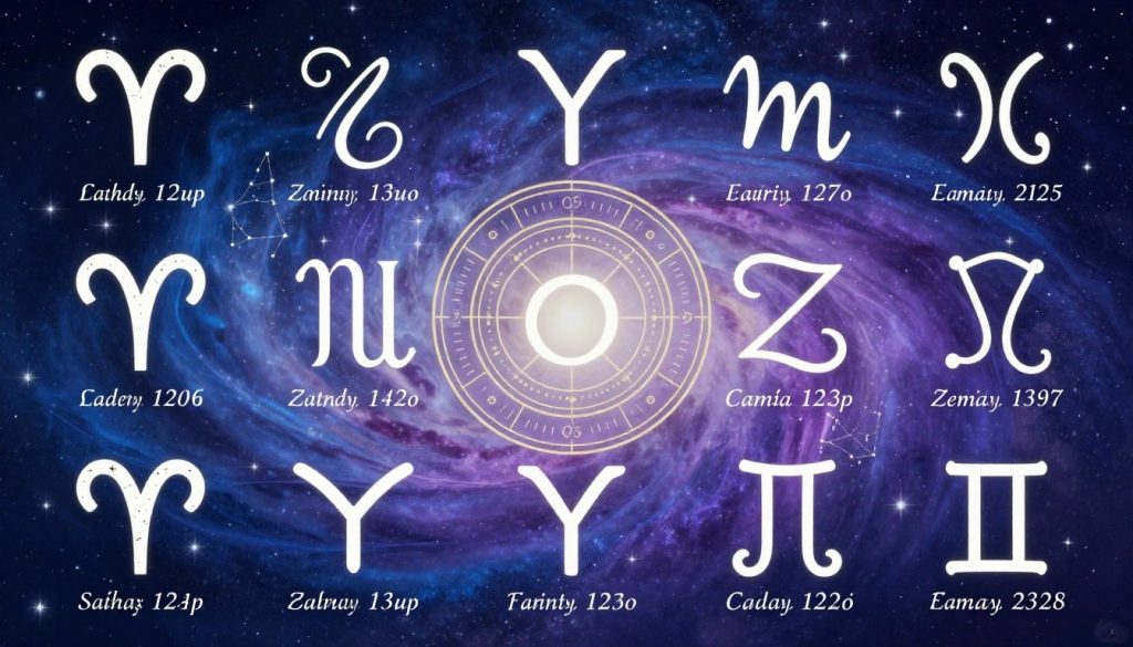 A beautifully arranged display of the twelve zodiac signs, showcasing each symbol with its corresponding date range, depicted in an elegant and artistic manner. In the foreground, intricate astrological symbols, like Aries, Taurus, and Gemini, are artistically rendered, adorned with celestial elements such as stars and gentle constellations. The middle ground features an ornate circular design divided into twelve sections, each section labeled with the zodiac date ranges in an elegant script. The background is a soft, gradient cosmos blending shades of deep blue and purple, illuminated by a dreamy starlight glow, creating a mystical atmosphere. The lighting is soft and ethereal, enhancing the elegance of the astrological imagery, inviting viewers into the world of zodiac signs. A beautifully arranged display of the twelve zodiac signs, showcasing each symbol with its corresponding date range, depicted in an elegant and artistic manner. In the foreground, intricate astrological symbols, like Aries, Taurus, and Gemini, are artistically rendered, adorned with celestial elements such as stars and gentle constellations. The middle ground features an ornate circular design divided into twelve sections, each section labeled with the zodiac date ranges in an elegant script. The background is a soft, gradient cosmos blending shades of deep blue and purple, illuminated by a dreamy starlight glow, creating a mystical atmosphere. The lighting is soft and ethereal, enhancing the elegance of the astrological imagery, inviting viewers into the world of zodiac signs.