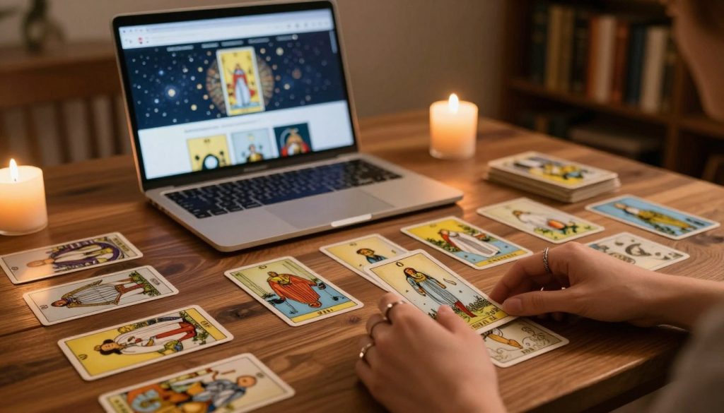 A beautifully arranged tarot card spread on a richly textured wooden table, showcasing an array of colorful cards depicting various symbols and imagery. In the foreground, a pair of hands, elegantly adorned with simple rings, is gently positioning a card, creating a sense of intimacy and engagement with the reading. The middle area features an open laptop displaying a tarot reading website, the screen softly glowing, reflecting the mystique of online divination. The background includes warm, ambient lighting, with subtle candles flickering and a softly blurred bookshelf filled with mystical books, enhancing the enchanting atmosphere. The overall mood is serene and contemplative, inviting viewers into the world of online tarot readings.