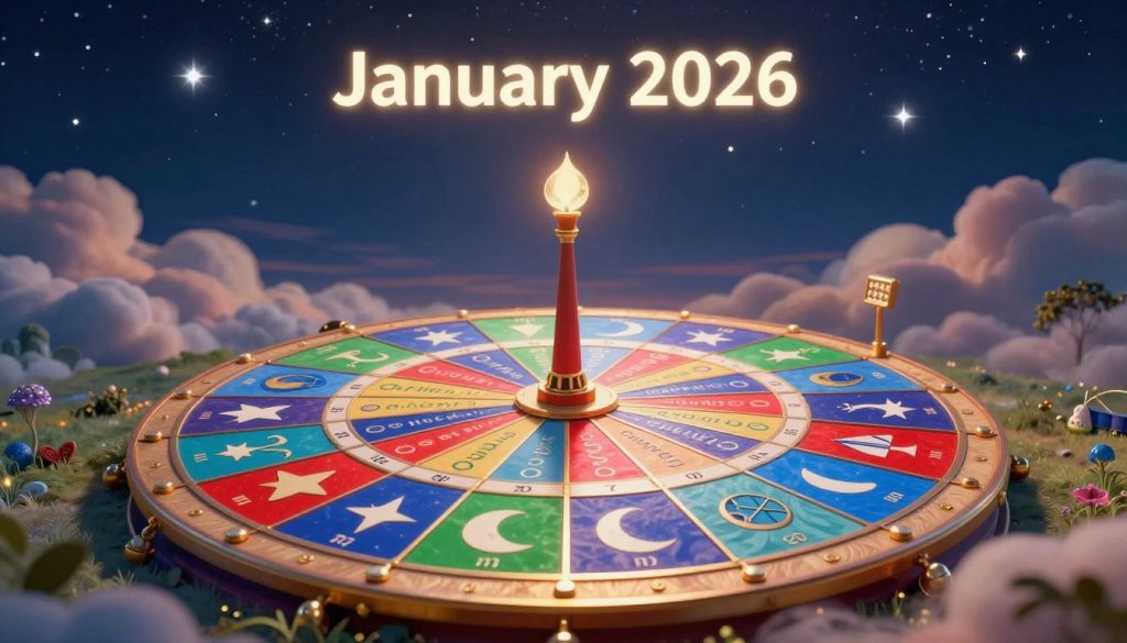 A beautifully crafted Wheel of Fortune for January 2026, designed as a vibrant, intricate circular tableau, featuring symbols of luck and change, like stars, moons, and astrological signs. In the foreground, the wheel should be dynamic and colorful, radiating energy with bright reds, blues, and greens. The middle ground showcases a mystical landscape with soft clouds and celestial elements subtly interacting with the wheel, creating a sense of movement and transformation. In the background, a serene night sky dotted with twinkling stars enhances the scene. The lighting is ethereal and warm, casting subtle glows on the wheel, inviting viewers to explore the meanings of change and fortune, evoking a sense of hope and anticipation for the future. A beautifully crafted Wheel of Fortune for January 2026, designed as a vibrant, intricate circular tableau, featuring symbols of luck and change, like stars, moons, and astrological signs. In the foreground, the wheel should be dynamic and colorful, radiating energy with bright reds, blues, and greens. The middle ground showcases a mystical landscape with soft clouds and celestial elements subtly interacting with the wheel, creating a sense of movement and transformation. In the background, a serene night sky dotted with twinkling stars enhances the scene. The lighting is ethereal and warm, casting subtle glows on the wheel, inviting viewers to explore the meanings of change and fortune, evoking a sense of hope and anticipation for the future.