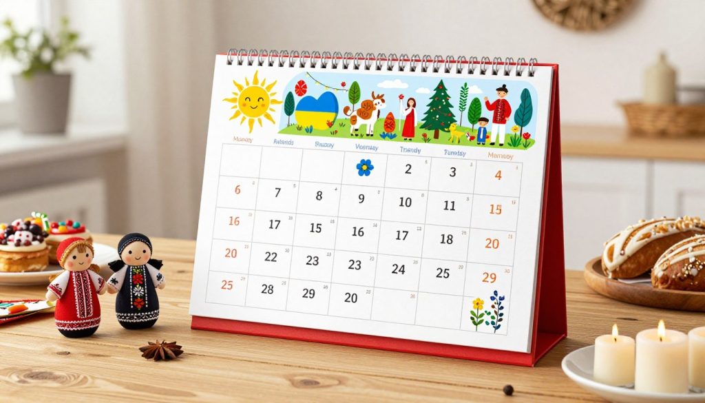 A beautifully designed calendar filled with vibrant illustrations representing various Ukrainian holidays and celebrations, prominently featuring traditional symbols like the sun, flowers, and folk patterns. In the foreground, a wooden table with decorative items such as handmade dolls, candles, and traditional Ukrainian food, giving a sense of warmth and festivity. The middle ground shows the calendar itself, with artistic depictions of holidays like Easter and Christmas highlighted, surrounded by seasonal decorations. The background features soft, diffused lighting that creates a cheerful and inviting atmosphere, reminiscent of a cozy Ukrainian home. The scene is captured from a slightly elevated angle, allowing a full view of the calendar and the exquisite details around it, aiming to evoke a sense of cultural joy and togetherness. A beautifully designed calendar filled with vibrant illustrations representing various Ukrainian holidays and celebrations, prominently featuring traditional symbols like the sun, flowers, and folk patterns. In the foreground, a wooden table with decorative items such as handmade dolls, candles, and traditional Ukrainian food, giving a sense of warmth and festivity. The middle ground shows the calendar itself, with artistic depictions of holidays like Easter and Christmas highlighted, surrounded by seasonal decorations. The background features soft, diffused lighting that creates a cheerful and inviting atmosphere, reminiscent of a cozy Ukrainian home. The scene is captured from a slightly elevated angle, allowing a full view of the calendar and the exquisite details around it, aiming to evoke a sense of cultural joy and togetherness.