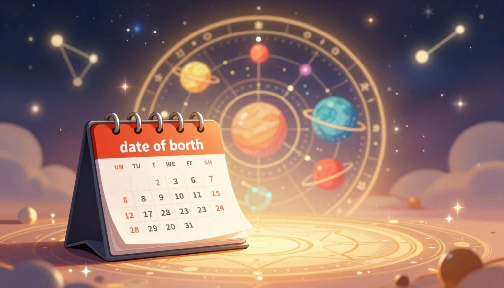 A beautifully designed illustration representing the concept of "date of birth" as a fundamental element in destiny calculations. In the foreground, an elegant calendar with a highlighted birth date, surrounded by astrological symbols and intricate geometric patterns that signify fate and destiny. In the middle, a stylized birth chart with vibrant colors, showcasing planets and their placements, symbolizing the astrological implications of the birth date. The background features a softly glowing cosmic sky with stars and constellations, creating an ethereal atmosphere. Use warm, inviting lighting to enhance the mystical feel, and apply a shallow depth of field to keep the focus on the calendar and birth chart. Overall, the mood should be inspiring and contemplative, encouraging exploration of one's destiny. A beautifully designed illustration representing the concept of "date of birth" as a fundamental element in destiny calculations. In the foreground, an elegant calendar with a highlighted birth date, surrounded by astrological symbols and intricate geometric patterns that signify fate and destiny. In the middle, a stylized birth chart with vibrant colors, showcasing planets and their placements, symbolizing the astrological implications of the birth date. The background features a softly glowing cosmic sky with stars and constellations, creating an ethereal atmosphere. Use warm, inviting lighting to enhance the mystical feel, and apply a shallow depth of field to keep the focus on the calendar and birth chart. Overall, the mood should be inspiring and contemplative, encouraging exploration of one's destiny.
