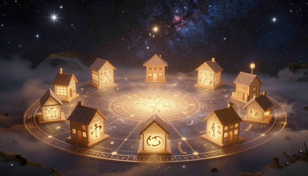 A beautifully illuminated astrological chart depicting the "houses of life," symbolizing various life spheres, set against a rich, starry night sky. In the foreground, intricate zodiac symbols are artistically arranged around a glowing natal chart, each representing a distinct life aspect like career, relationships, and health. The middle ground features a soft, ethereal mist that enhances the mystical feel, with delicate lines connecting each house to the surrounding elements. The background is a vast cosmic landscape, filled with twinkling stars and gentle nebulas, creating a sense of wonder and introspection. The lighting is warm and inviting, casting a magical glow on the chart, inviting viewers to explore the connections between celestial influences and real-life questions. The overall mood is one of curiosity and enlightenment. A beautifully illuminated astrological chart depicting the "houses of life," symbolizing various life spheres, set against a rich, starry night sky. In the foreground, intricate zodiac symbols are artistically arranged around a glowing natal chart, each representing a distinct life aspect like career, relationships, and health. The middle ground features a soft, ethereal mist that enhances the mystical feel, with delicate lines connecting each house to the surrounding elements. The background is a vast cosmic landscape, filled with twinkling stars and gentle nebulas, creating a sense of wonder and introspection. The lighting is warm and inviting, casting a magical glow on the chart, inviting viewers to explore the connections between celestial influences and real-life questions. The overall mood is one of curiosity and enlightenment.