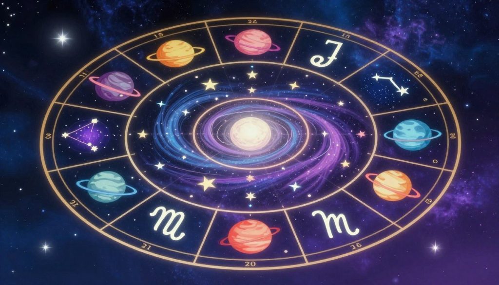 A beautifully illustrated astrological chart depicting the twelve zodiac signs arranged in a circular layout. In the foreground, each sign is represented with its unique symbol and corresponding constellation. The middle ground features vibrant, colorful illustrations of celestial objects like stars, planets, and cosmic swirls that connect the signs, creating a sense of harmony and flow. The background showcases a mystical night sky filled with deep blues and purples, glowing softly with twinkling stars, providing an enchanting atmosphere. The lighting is soft and ethereal, reminiscent of moonlight, adding to the magical feel. The image should evoke curiosity and intrigue, perfectly aligning with an astrological theme, without any text, logos, or watermarks. A beautifully illustrated astrological chart depicting the twelve zodiac signs arranged in a circular layout. In the foreground, each sign is represented with its unique symbol and corresponding constellation. The middle ground features vibrant, colorful illustrations of celestial objects like stars, planets, and cosmic swirls that connect the signs, creating a sense of harmony and flow. The background showcases a mystical night sky filled with deep blues and purples, glowing softly with twinkling stars, providing an enchanting atmosphere. The lighting is soft and ethereal, reminiscent of moonlight, adding to the magical feel. The image should evoke curiosity and intrigue, perfectly aligning with an astrological theme, without any text, logos, or watermarks.