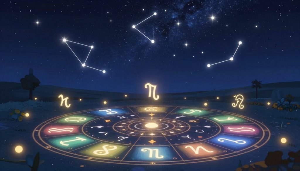 A beautifully illustrated horoscope scene representing all twelve zodiac signs. In the foreground, a celestial chart with intricate symbols for each zodiac sign, each glowing softly in a variety of colors. The middle ground features a mystical, starry night sky filled with twinkling constellations, casting ethereal light. A variety of astrological symbols are elegantly arranged around the central chart, suggesting harmony and guidance. The background is a tranquil landscape under the night sky, with soft glowing orbs of light representing daily trends and energies. The mood is serene and uplifting, creating an atmosphere of anticipation and curiosity about the day's astrological influences. Use soft, diffused lighting to enhance the magical feel, with a focus on clarity and detail in the zodiac symbols.