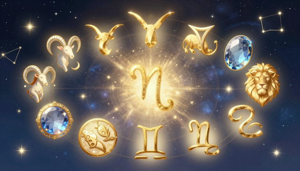 A beautifully illustrated representation of the twelve zodiac signs, each symbol elegantly depicted. In the foreground, place the signs: Aries, Taurus, Gemini, Cancer, Leo, Virgo, Libra, Scorpio, Sagittarius, Capricorn, Aquarius, and Pisces, arranged in a circular pattern. Each sign should be intricately designed, showcasing its unique characteristics and associated gemstones. In the middle layer, soft, ethereal light creates a dreamy atmosphere, illuminating the zodiac symbols with a celestial glow. The background features a starry night sky, bursting with constellations, enhancing the mystical vibe. Use a warm color palette with deep blues, golds, and silvers to evoke wonder and curiosity. The overall mood is enchanting and reflective, inviting viewers to explore their zodiac signs. No text or watermarks should be included.