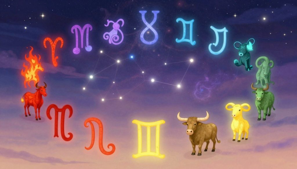A beautifully illustrated representation of the zodiac signs, arranged in a circular formation. In the foreground, display the twelve zodiac symbols, each creatively designed to reflect their unique traits and colors—Aries with fiery reds, Taurus in earthy greens, Gemini in bright yellows. In the middle, a mystical constellation-filled sky serves as a backdrop, with twinkling stars and ethereal wisps of cosmic energy blending in hues of purple and blue. In the background, soft gradients of twilight blend into the scene, creating a calm, introspective atmosphere. The overall lighting should be soft and ethereal, emphasizing the celestial theme. Capture the essence of exploration and self-discovery, inviting the viewer to connect with their zodiac kin.