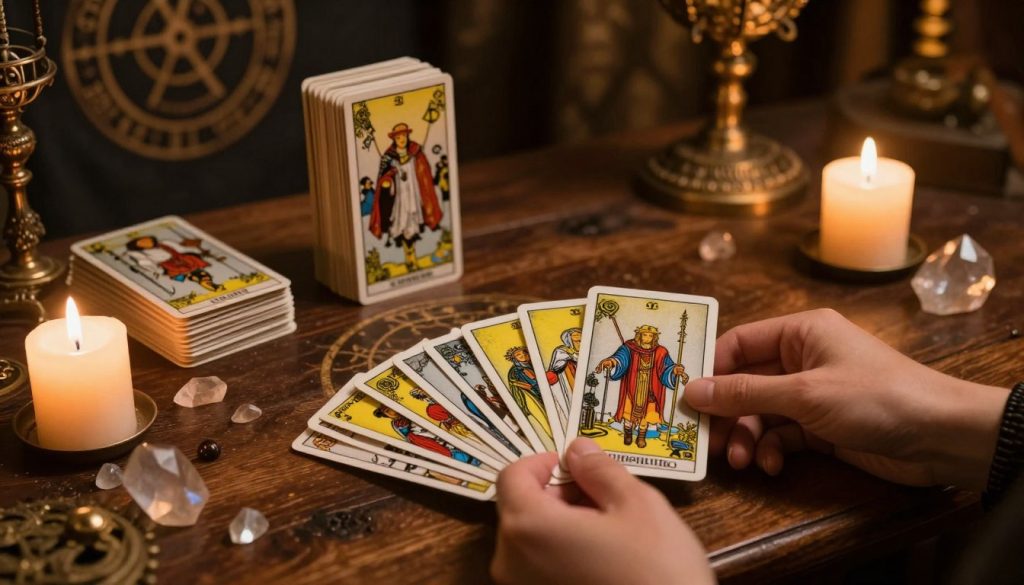 A beautifully illustrated tarot deck displayed on an antique wooden table, surrounded by flickering candles and scattered crystals. The foreground features a hand delicately flipping through the cards, showcasing rich illustrations with vivid colors and intricate details. In the middle, a mystical atmosphere envelops the scene, with soft, warm lighting casting gentle shadows. The background reveals a dimly lit room adorned with esoteric symbols and draped fabrics, enhancing the enchanting vibe. The overall mood is one of mystery and intrigue, inviting the viewer to explore the world of tarot. The composition is shot from a slightly elevated angle to capture both the cards and the atmospheric surroundings, emphasizing the deck's artistry and historical significance.