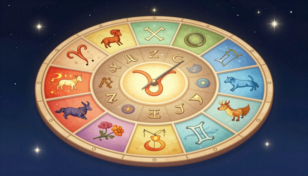 A beautifully illustrated zodiac wheel featuring the twelve astrological signs, each represented by symbolic imagery corresponding to their traits, arranged in a circular layout. The foreground showcases vibrant icons for Aries, Taurus, Gemini, and the rest, intertwined with representative elements like flowers, animals, and celestial designs. The middle ground should harmoniously blend these symbols, incorporating soft gradients of colors that reflect individuality—fiery reds for Aries, earthy tones for Taurus, airy blues for Gemini, and so forth. The background is a starry night sky, with twinkling stars and gentle celestial light enhancing the mystical essence of astrology. Use soft, diffuse lighting to create a serene and inspiring atmosphere. Aim for a high-resolution, detailed illustration with a sense of depth, perfect for engaging readers interested in zodiac characteristics. A beautifully illustrated zodiac wheel featuring the twelve astrological signs, each represented by symbolic imagery corresponding to their traits, arranged in a circular layout. The foreground showcases vibrant icons for Aries, Taurus, Gemini, and the rest, intertwined with representative elements like flowers, animals, and celestial designs. The middle ground should harmoniously blend these symbols, incorporating soft gradients of colors that reflect individuality—fiery reds for Aries, earthy tones for Taurus, airy blues for Gemini, and so forth. The background is a starry night sky, with twinkling stars and gentle celestial light enhancing the mystical essence of astrology. Use soft, diffuse lighting to create a serene and inspiring atmosphere. Aim for a high-resolution, detailed illustration with a sense of depth, perfect for engaging readers interested in zodiac characteristics.