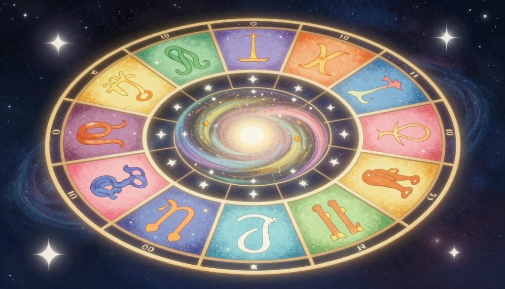 A beautifully illustrated zodiac wheel in vibrant colors, showcasing all twelve zodiac signs in an artistic and celestial style. In the foreground, intricate representations of each symbol are arranged in a circular formation, each one adorned with stars and ethereal elements that reflect its unique personality traits. The middle layer features a soft, starry night sky that glows gently, casting a serene light on the zodiac symbols. In the background, a cosmic landscape with swirling galaxies evokes a sense of wonder and mystique. The atmosphere should be enchanting, inviting viewers to explore the depths of zodiac meanings. Utilize soft, diffused lighting to accentuate the details of the zodiac signs and create a harmonious balance between elements.