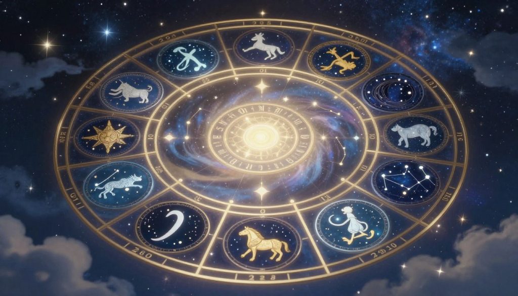 A beautifully illustrated zodiac wheel, showcasing the twelve zodiac signs. In the foreground, each sign is depicted as a unique symbol surrounded by corresponding constellations, delicately detailed with stars glimmering in the night sky. The middle layer features a celestial background, with soft, ethereal light radiating from the center, casting a dreamy glow around the signs. The signs should have intricate designs representing their characteristics, with rich colors like deep blues, golds, and silvers. In the background, wispy clouds and gentle star formations create a sense of vastness and wonder, evoking a mystical atmosphere. The image should be well-lit with a soft focus effect that highlights the signs’ details while maintaining an enchanting feel throughout. A beautifully illustrated zodiac wheel, showcasing the twelve zodiac signs. In the foreground, each sign is depicted as a unique symbol surrounded by corresponding constellations, delicately detailed with stars glimmering in the night sky. The middle layer features a celestial background, with soft, ethereal light radiating from the center, casting a dreamy glow around the signs. The signs should have intricate designs representing their characteristics, with rich colors like deep blues, golds, and silvers. In the background, wispy clouds and gentle star formations create a sense of vastness and wonder, evoking a mystical atmosphere. The image should be well-lit with a soft focus effect that highlights the signs’ details while maintaining an enchanting feel throughout.