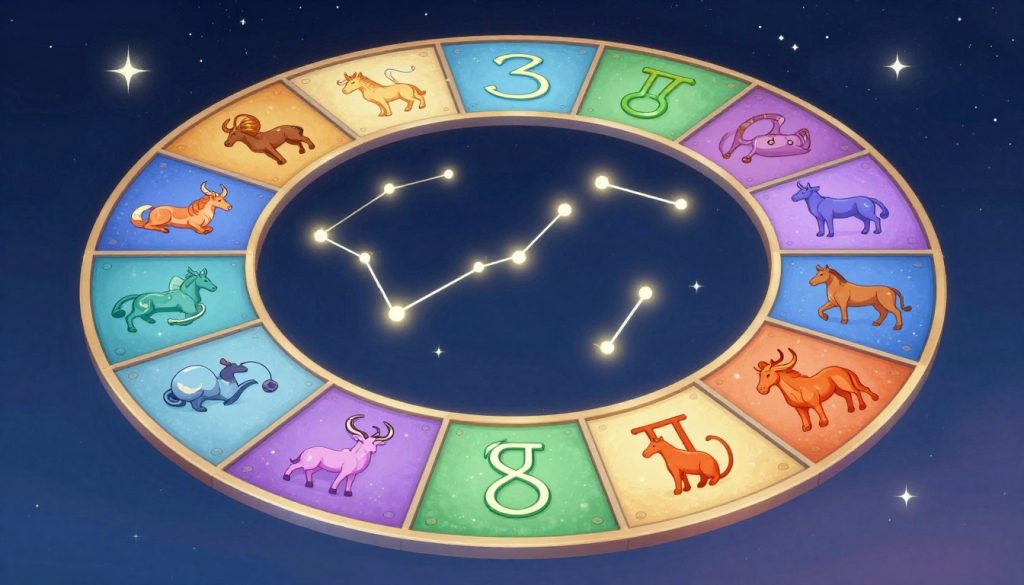 A captivating and informative illustration showcasing the twelve zodiac signs arranged in a circular pattern, each symbol intricately represented with their associated colors and elements. In the foreground, vibrant representations of each zodiac sign—Aries, Taurus, Gemini, and so on—should be artistically crafted, with attention to detail that highlights their unique characteristics and traits. In the middle ground, soft glowing constellations should connect the signs, symbolizing their interrelation. The background should feature a tranquil night sky filled with stars, creating a mystical ambiance. The lighting should be gentle and ethereal, giving the scene a celestial aura, while the angle captures the entire zodiac wheel harmoniously. The overall mood should evoke curiosity and wonder, drawing the viewer into the world of astrology and personality insights. A captivating and informative illustration showcasing the twelve zodiac signs arranged in a circular pattern, each symbol intricately represented with their associated colors and elements. In the foreground, vibrant representations of each zodiac sign—Aries, Taurus, Gemini, and so on—should be artistically crafted, with attention to detail that highlights their unique characteristics and traits. In the middle ground, soft glowing constellations should connect the signs, symbolizing their interrelation. The background should feature a tranquil night sky filled with stars, creating a mystical ambiance. The lighting should be gentle and ethereal, giving the scene a celestial aura, while the angle captures the entire zodiac wheel harmoniously. The overall mood should evoke curiosity and wonder, drawing the viewer into the world of astrology and personality insights.