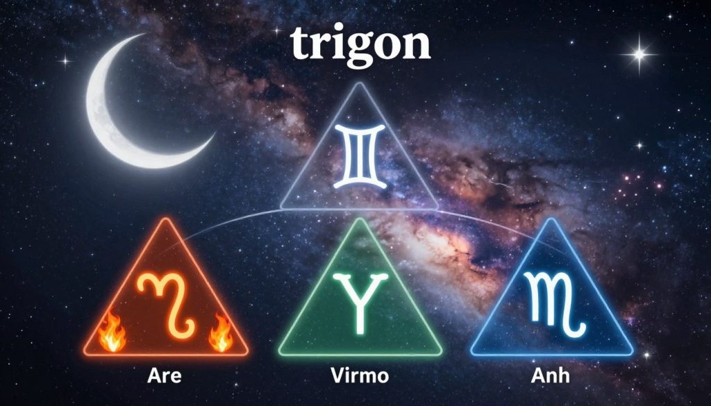 A captivating visualization of the astrological concept of "trigon" groupings, depicting three distinct sets of zodiac signs, grouped in harmonious triangles. In the foreground, each triangle features beautifully illustrated zodiac symbols: fiery Aries, Leo, and Sagittarius; earthy Taurus, Virgo, and Capricorn; airy Gemini, Libra, and Aquarius; and watery Cancer, Scorpio, and Pisces. The middle elevation showcases a celestial backdrop filled with soft, shimmering stars and a crescent moon, casting gentle light across the scene. The background consists of swirling nebulas, representing the vast cosmos. The overall mood is mystical and serene, encouraging contemplation. The composition should be highly detailed and colorful, with a focus on blending the zodiac symbols seamlessly into the cosmic landscape, evoking a sense of wonder and depth in the exploration of astrology.