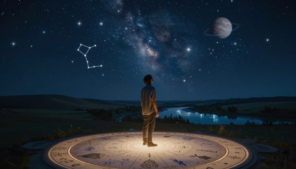 A celestial scene depicting the influence of heavenly bodies on human life and destiny. In the foreground, an astrological chart with intricate symbols glows softly, illuminated by starlight. The middle ground features a figure in modest casual clothing, contemplatively gazing up at a night sky filled with shimmering stars, planets, and constellations. In the background, a serene landscape unfolds, with rolling hills and a tranquil river reflecting the celestial wonders above. The lighting is soft and ethereal, casting a mystical atmosphere. The angle should be slightly elevated, capturing the vastness of the sky and the connection between the figure and the cosmos, evoking a sense of wonder and introspection.