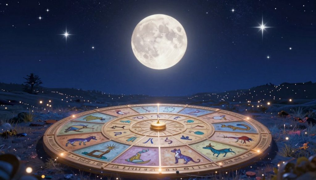 A celestial scene depicting the mystical world of astrology, featuring a vibrant night sky filled with shimmering stars and a large, radiant full moon as the focal point in the background. In the foreground, a beautifully designed zodiac wheel showcasing all twelve astrological signs intricately illustrated, with each sign represented by symbolic imagery. Soft ethereal lights illuminate the wheel, casting a magical glow on the surrounding constellations. The middle ground features a serene, starry landscape with twinkling lights resembling distant galaxies. The atmosphere is calm and enchanting, evoking a sense of wonder and cosmic connection. The lighting is soft and dreamy, enhancing the mystical quality of the scene. The angle of view is slightly elevated, allowing for a panoramic view of the astrological elements. The overall mood is hopeful and inspiring, reflecting cosmic support for each zodiac sign.