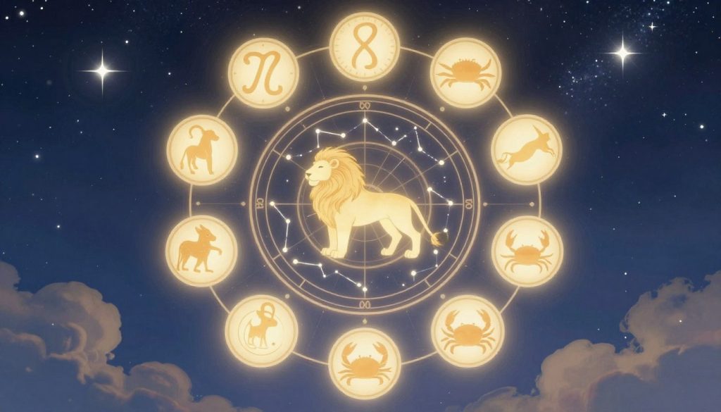 A celestial scene showcasing the twelve zodiac signs beautifully illustrated against a starry night sky. In the foreground, each symbol is represented by an ethereal creature or motif that embodies its characteristics, such as a lion for Leo and a crab for Cancer. The middle ground features a softly glowing astrological wheel, with constellations subtly connecting each sign. The background is filled with shimmering stars and cosmic clouds, casting a dreamy, mystical light over the entire composition. Soft, warm hues of blue and gold illuminate the scene, creating an atmosphere of wonder and introspection. The overall mood should evoke curiosity and inspiration, perfect for a personal horoscope focus. No text or overlays present in the image.