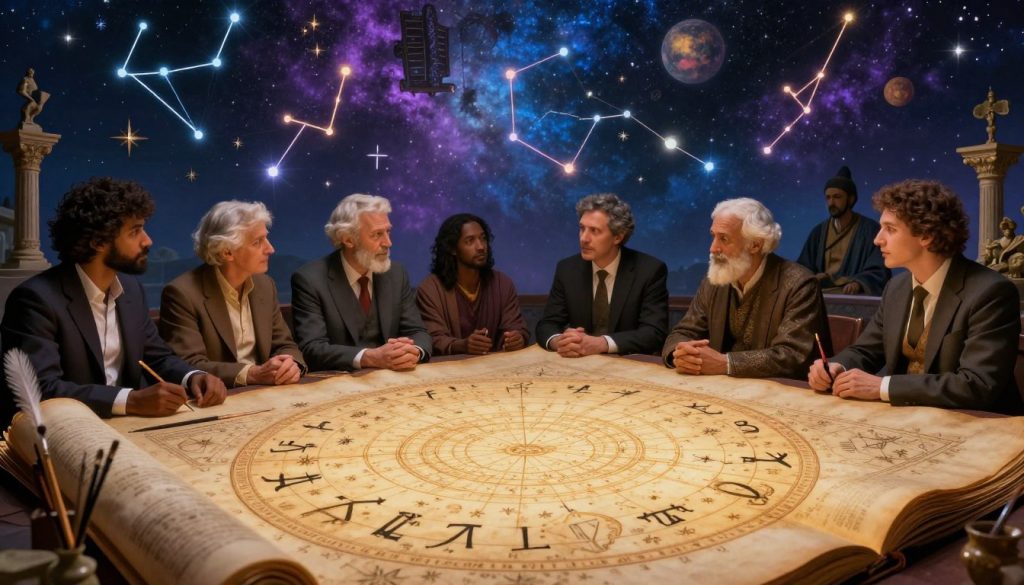 A celestial-themed artistic representation of the influence of astrology on culture, art, and religion. In the foreground, depict an ancient astrological manuscript illuminated by soft golden light, featuring intricate zodiac symbols and star maps. In the middle ground, visualize a diverse group of scholars and artists, dressed in professional attire, engaged in deep discussion around the manuscript. They are surrounded by various artistic tools, like brushes and quills, symbolizing creativity. In the background, create a tapestry of vibrant constellations and celestial bodies, blending with symbols of different religions and cultural artifacts, all bathed in a mystical blue and purple twilight atmosphere. Use a slight upward angle to convey the vastness of the universe, highlighting the connection between the stars and human thought.
