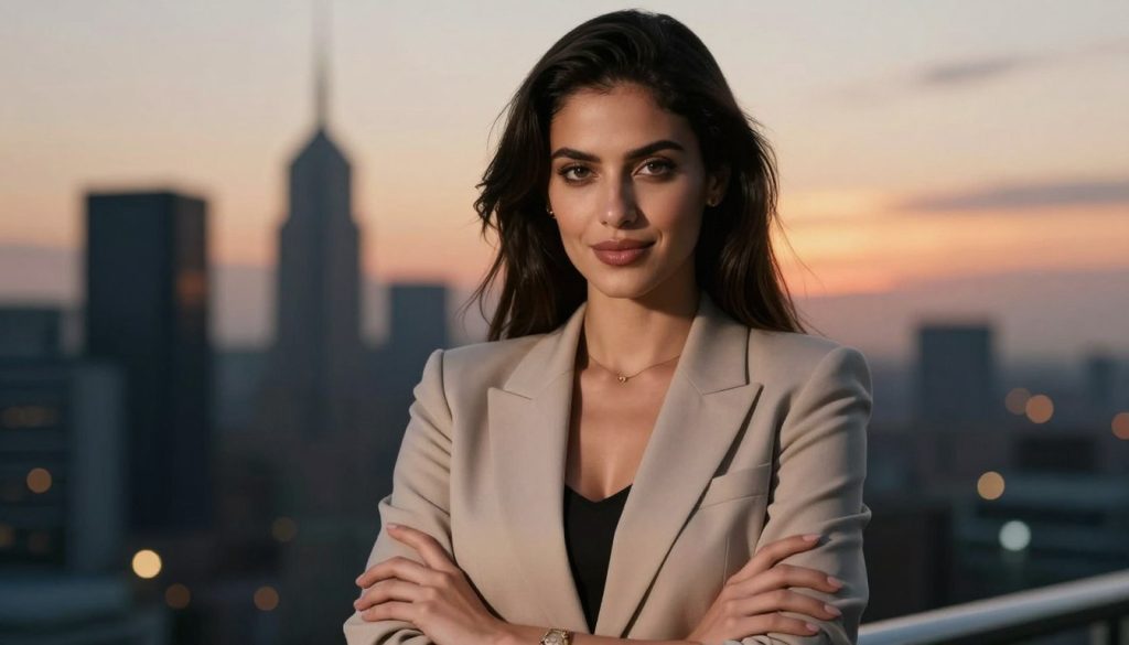 A charismatic Scorpio woman exuding confidence and strength, standing elegantly in a stylish, modest business outfit. She has an intense gaze and an alluring smile, embodying the magnetic charm associated with the Scorpio sign. The foreground features her striking posture, with her arms crossed, emphasizing her poised demeanor. In the middle ground, a softly blurred cityscape suggests ambition and sophistication, with hints of dusk lighting casting a warm glow. The background shows a subtle sunset, creating a mystical ambiance reflecting the deep emotional nature of Scorpios. The lighting is soft yet dramatic, enhancing her features and the overall atmosphere of mystery and allure. The image should feel empowering and captivating, encapsulating the essence of a Scorpio woman in a professional yet stylish context.