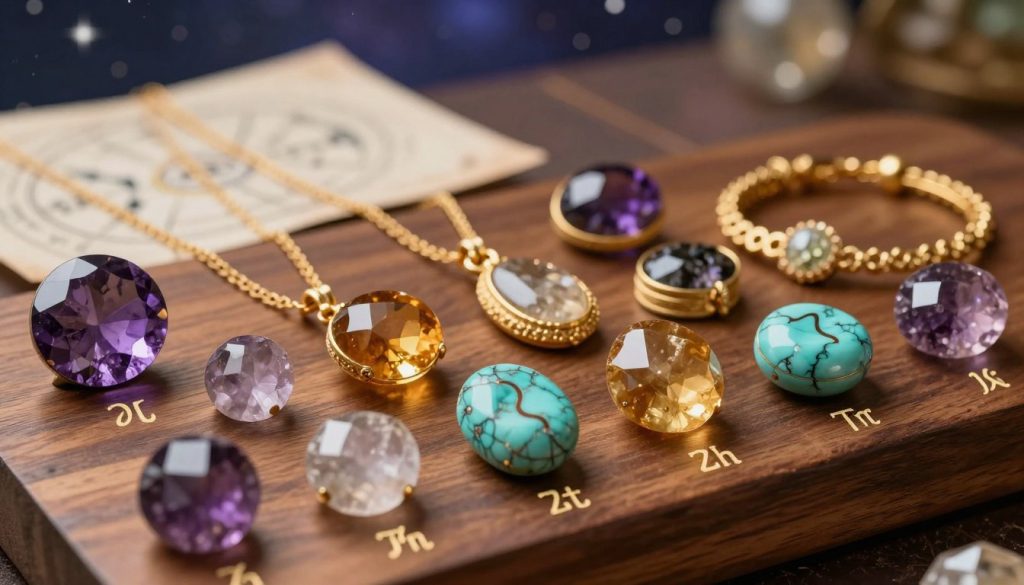 A collection of zodiac gemstone talismans arranged artistically on a polished wooden surface. In the foreground, close-up images of various colorful crystals like amethyst, citrine, and turquoise, each labeled with their corresponding zodiac signs. The middle layer features delicate gold jewelry incorporating these stones, such as necklaces and bracelets, with intricate designs. In the background, soft blurred elements include astrological charts and a starlit night sky, creating a mystical atmosphere. Warm, diffused lighting highlights the facets of the gemstones, casting gentle reflections. The overall mood is serene and enchanting, inviting viewers into the world of zodiac symbolism and gemstone beauty.