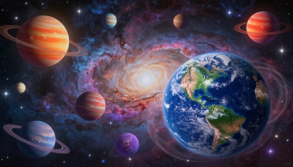A cosmic scene featuring multiple planets, each representing different astrological symbols and colors, showcasing a vibrant celestial atmosphere. In the foreground, a large, detailed planet with deep blue and green hues reflects the essence of Earth, encircled by smaller, colorful planets that embody traits of other zodiac signs in vibrant oranges, reds, and purples. In the middle ground, ethereal clouds of starry nebulae intertwine, adding depth and mystique. The background features a galaxy with sparkling stars, creating a sense of vastness and wonder. The overall lighting is soft yet radiant, emanating a sense of harmony and balance. This artwork should evoke curiosity and enlightenment, ideal for an astrological theme. A cosmic scene featuring multiple planets, each representing different astrological symbols and colors, showcasing a vibrant celestial atmosphere. In the foreground, a large, detailed planet with deep blue and green hues reflects the essence of Earth, encircled by smaller, colorful planets that embody traits of other zodiac signs in vibrant oranges, reds, and purples. In the middle ground, ethereal clouds of starry nebulae intertwine, adding depth and mystique. The background features a galaxy with sparkling stars, creating a sense of vastness and wonder. The overall lighting is soft yet radiant, emanating a sense of harmony and balance. This artwork should evoke curiosity and enlightenment, ideal for an astrological theme.