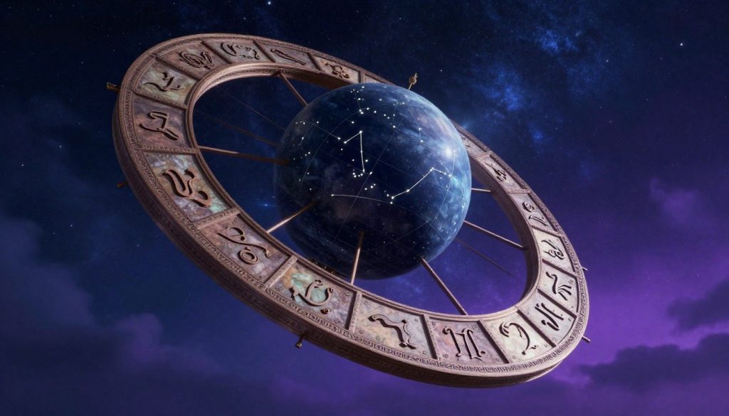 A cosmic scene illustrating the concept of precession, prominently featuring the zodiac wheel slowly rotating against a starry night sky. In the foreground, intricate engravings of the twelve zodiac signs are highlighted, displaying their astrological symbols. The middle ground showcases a celestial sphere with a slight tilt, showcasing the alignment of constellations shifting over time. The background features a deep blue and violet gradient, dotted with twinkling stars and wispy clouds, creating a mystical atmosphere. Soft, ambient lighting enhances the ethereal feel, while the angle captures the viewer’s gaze upward, emphasizing the infinite vastness of space. The composition evokes a sense of wonder and curiosity, inviting exploration of astrological history and its dynamic nature. A cosmic scene illustrating the concept of precession, prominently featuring the zodiac wheel slowly rotating against a starry night sky. In the foreground, intricate engravings of the twelve zodiac signs are highlighted, displaying their astrological symbols. The middle ground showcases a celestial sphere with a slight tilt, showcasing the alignment of constellations shifting over time. The background features a deep blue and violet gradient, dotted with twinkling stars and wispy clouds, creating a mystical atmosphere. Soft, ambient lighting enhances the ethereal feel, while the angle captures the viewer’s gaze upward, emphasizing the infinite vastness of space. The composition evokes a sense of wonder and curiosity, inviting exploration of astrological history and its dynamic nature.