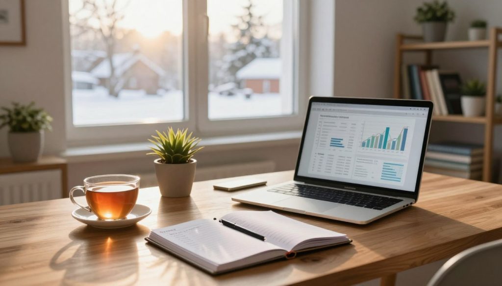 A cozy January scene depicting the theme of money and everyday life. In the foreground, a neatly arranged wooden desk features a warm cup of tea, an open planner filled with notes on budgeting, and a sleek laptop displaying financial graphs. In the middle ground, a window reveals a snowy landscape outside, with a soft, golden sunlight streaming in, creating a warm atmosphere. A small potted plant adds a touch of greenery. In the background, a minimalist room with tasteful decor and a bookshelf filled with financial books and seasonal plants completes the cozy domestic setting. Use a soft focus lens to enhance the warm ambiance and create an inviting, productive mood.