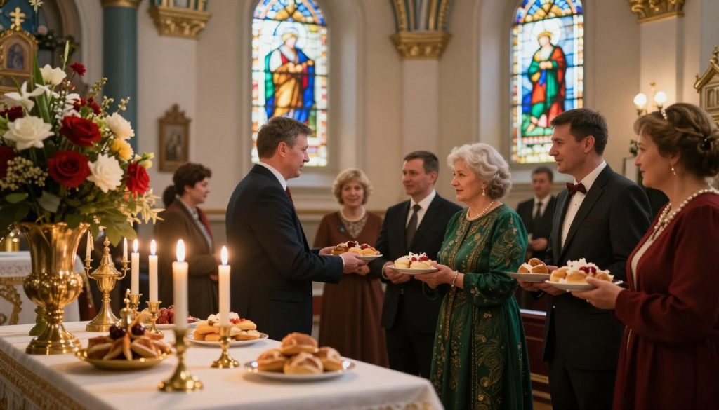 A cozy, warm scene celebrating Tatyana's Day on January 12th, depicted within a quaint Russian Orthodox church. In the foreground, a beautifully adorned altar featuring traditional candles and floral arrangements, highlighting the vibrant colors of the feast—rich reds, deep greens, and touches of gold. In the middle, a group of modestly dressed individuals, men in smart suits and women in elegant dresses, joyfully exchanging greetings and sharing festive pastries, symbolizing unity and community. The background reveals stained glass windows filtering soft, colorful light into the warm interior, creating an inviting atmosphere. Capture a soft, diffused lighting effect, emphasizing the peaceful serenity of the occasion, and focus on a slightly low angle to elevate the grandeur of the church architecture and celebration.