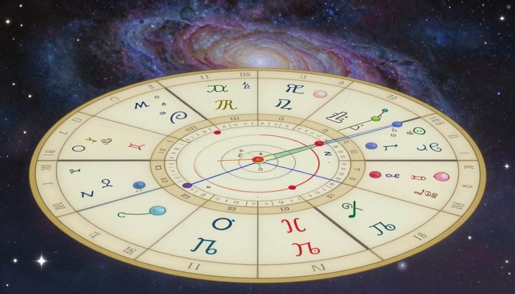 A detailed and artistic representation of a natal chart, showcasing the zodiac signs, astrological houses, and planetary positions. In the foreground, include intricate symbols for each zodiac sign, skillfully arranged around a circular chart. The middle ground features clearly defined houses labeled with astrological symbols, creating a harmonious layout. The background has a cosmic theme, with softly swirling galaxies and twinkling stars, adding depth to the scene. The lighting is soft and ethereal, casting a gentle glow that enhances the mystical atmosphere. Use a wide-angle view to capture the entirety of the chart, inviting the viewer into an exploration of astrology. The overall mood should be enchanting and inspirational, evoking a sense of wonder about the universe. A detailed and artistic representation of a natal chart, showcasing the zodiac signs, astrological houses, and planetary positions. In the foreground, include intricate symbols for each zodiac sign, skillfully arranged around a circular chart. The middle ground features clearly defined houses labeled with astrological symbols, creating a harmonious layout. The background has a cosmic theme, with softly swirling galaxies and twinkling stars, adding depth to the scene. The lighting is soft and ethereal, casting a gentle glow that enhances the mystical atmosphere. Use a wide-angle view to capture the entirety of the chart, inviting the viewer into an exploration of astrology. The overall mood should be enchanting and inspirational, evoking a sense of wonder about the universe.