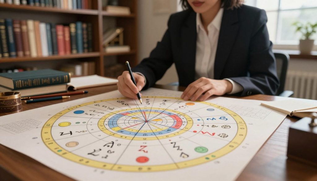A detailed astrological natal chart displayed prominently in the foreground, featuring intricate zodiac symbols, planetary positions, and houses with vivid colors and clarity. In the middle ground, a person dressed in professional business attire is analyzing the chart, focused and engaged, surrounded by astrological books and tools. The background is a softly lit study space with warm tones, bookshelves neatly lined with esoteric texts, and a window allowing natural light to spill in, casting gentle shadows. The atmosphere is serene and contemplative, ideal for study and understanding. The scene is captured with a subtle depth of field, highlighting the natal chart while softly blurring the background to emphasize the meditation on the celestial elements.