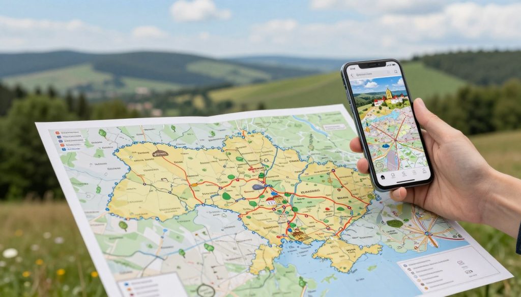 A detailed offline map of Ukraine, prominently displayed in the foreground with a focus on various landmarks like historic castles, national parks, and urban centers. The map should feature vibrant colors, clearly marked routes, and symbols indicating points of interest. In the middle ground, a hand holding a smartphone displaying digital map features, emphasizing technology's role in travel planning. The background should depict a serene landscape of rolling hills and lush forests under a bright blue sky, evoking a sense of adventure and exploration. The lighting should be soft and natural, suggesting midday sunlight. The overall mood should be inviting and informative, perfect for travelers looking to discover Ukraine's rich offerings. A detailed offline map of Ukraine, prominently displayed in the foreground with a focus on various landmarks like historic castles, national parks, and urban centers. The map should feature vibrant colors, clearly marked routes, and symbols indicating points of interest. In the middle ground, a hand holding a smartphone displaying digital map features, emphasizing technology's role in travel planning. The background should depict a serene landscape of rolling hills and lush forests under a bright blue sky, evoking a sense of adventure and exploration. The lighting should be soft and natural, suggesting midday sunlight. The overall mood should be inviting and informative, perfect for travelers looking to discover Ukraine's rich offerings.