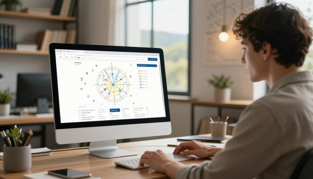 A detailed scene depicting a professional setting for calculating a natal chart online, featuring a sleek desktop computer displaying an interactive astrology website. In the foreground, a focused individual in smart casual attire is intently studying the screen, with astrological symbols and graphs clearly visible. The middle ground consists of a cozy office space with bookshelves filled with astrology books and celestial maps, illuminated by soft, warm lighting. In the background, a large window reveals a tranquil landscape outside, hinting at a peaceful, sunny day. The atmosphere is calm and reflective, inviting viewers to explore the complexities of astrology and personal chart calculation. The image should have a clear depth of field to emphasize the subject and maintain a professional tone throughout.