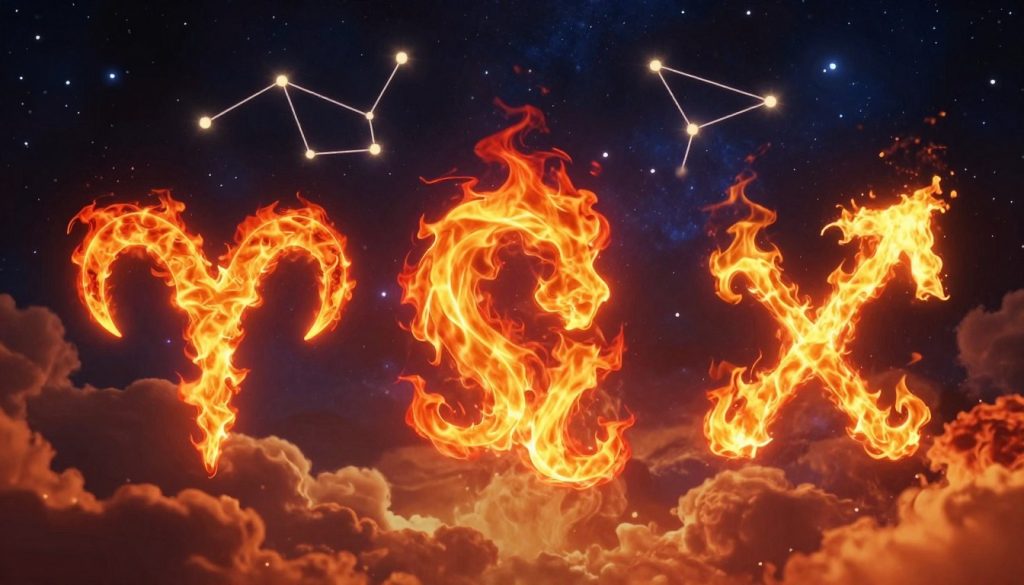 A dramatic depiction of the three fire zodiac signs: Aries, Leo, and Sagittarius, presented in a vibrant, artistic style. In the foreground, each sign’s symbol is intricately rendered in fiery colors—red, orange, and yellow flames swirling around their astrological glyphs. In the middle ground, a celestial backdrop features constellations twinkling in a deep navy sky, enhancing the cosmic connection. The background includes soft, ethereal clouds illuminated by the warm glow of fire. The lighting is dynamic, with flickering flames casting shadows and highlights that create a warm, inviting atmosphere. The overall mood should evoke passion, energy, and a sense of adventure, emphasizing the characteristics of these fire signs while maintaining a harmonious visual composition. A dramatic depiction of the three fire zodiac signs: Aries, Leo, and Sagittarius, presented in a vibrant, artistic style. In the foreground, each sign’s symbol is intricately rendered in fiery colors—red, orange, and yellow flames swirling around their astrological glyphs. In the middle ground, a celestial backdrop features constellations twinkling in a deep navy sky, enhancing the cosmic connection. The background includes soft, ethereal clouds illuminated by the warm glow of fire. The lighting is dynamic, with flickering flames casting shadows and highlights that create a warm, inviting atmosphere. The overall mood should evoke passion, energy, and a sense of adventure, emphasizing the characteristics of these fire signs while maintaining a harmonious visual composition.